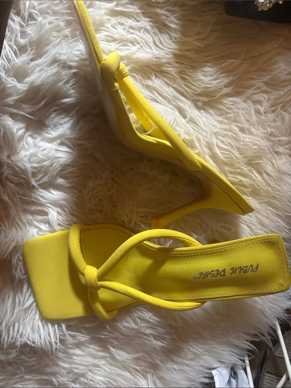Public Desire Yellow Knotted Strap Square-Toe Heeled Slides